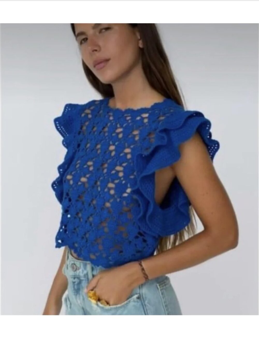 NWT Zara Crochet Knit Tank Top With Ruffle Sleeves Cotton Blue Small Sleeveless